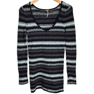Free People Black Blue Gray Striped Long Sleeve Fitted Mini Sweater Dress Size S